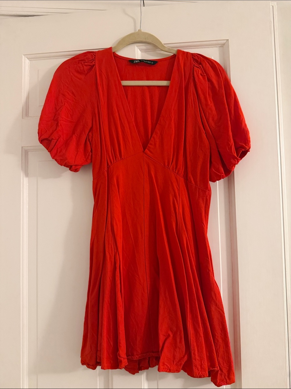 Zara Bright Red V-Neck Puff Sleeve Mini Dress